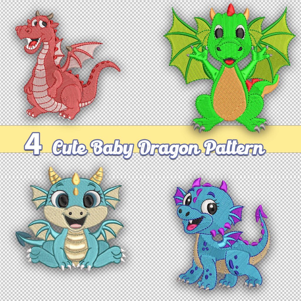 4 cute adorable dragons machine embroidery pattern