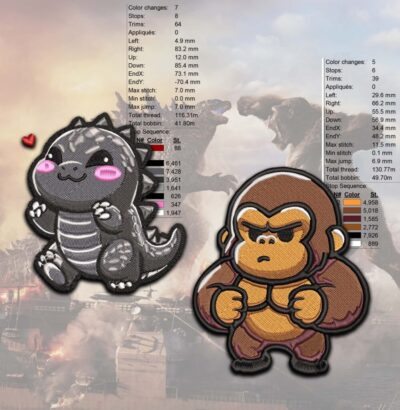 godzilla and king kong digital machine embroidery pattern