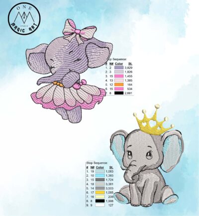 2 adorable baby elephant embroidered pattern